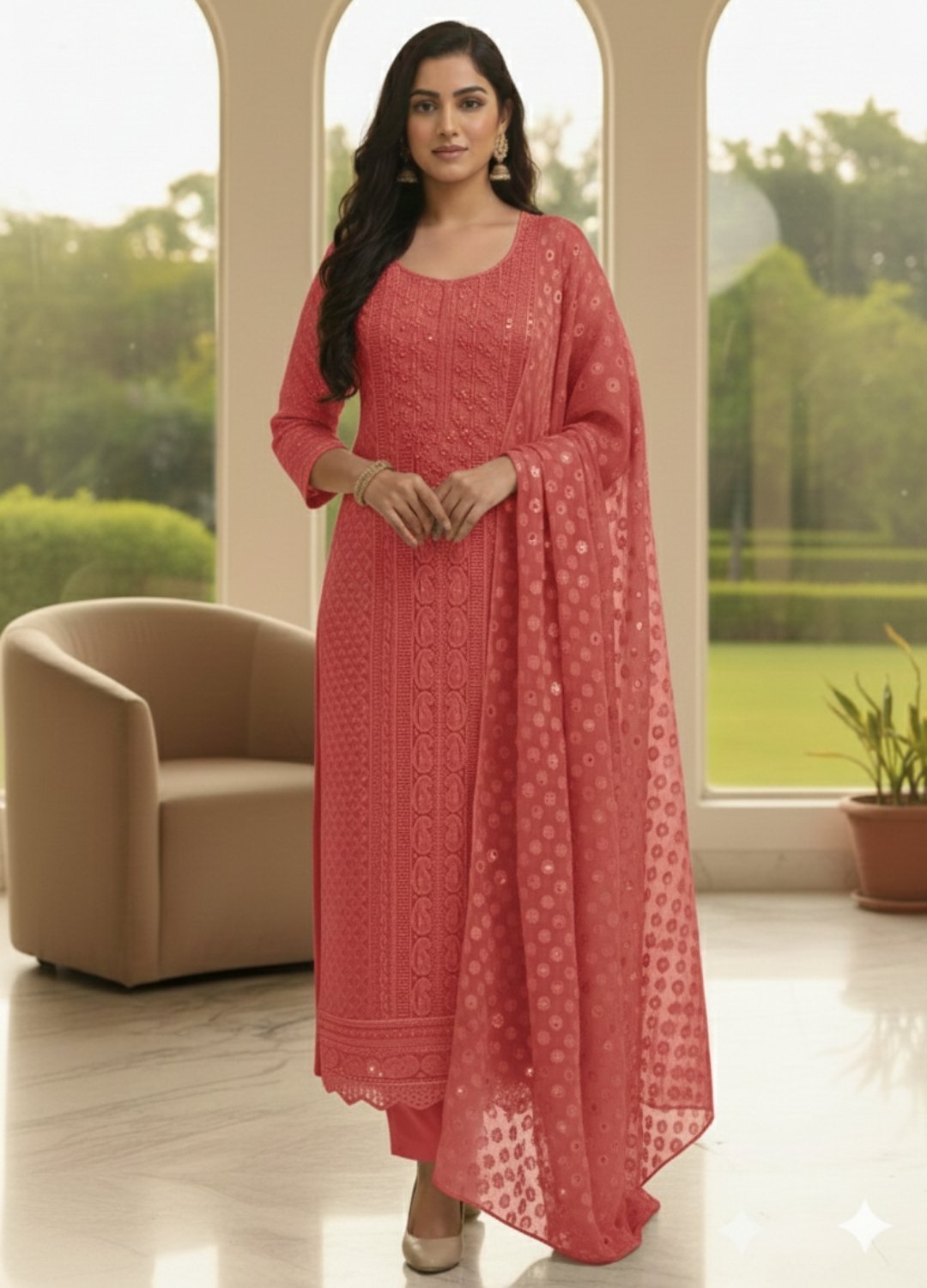 Embroidered & Sequin Work Georgette Unstitched Salwar Material Set