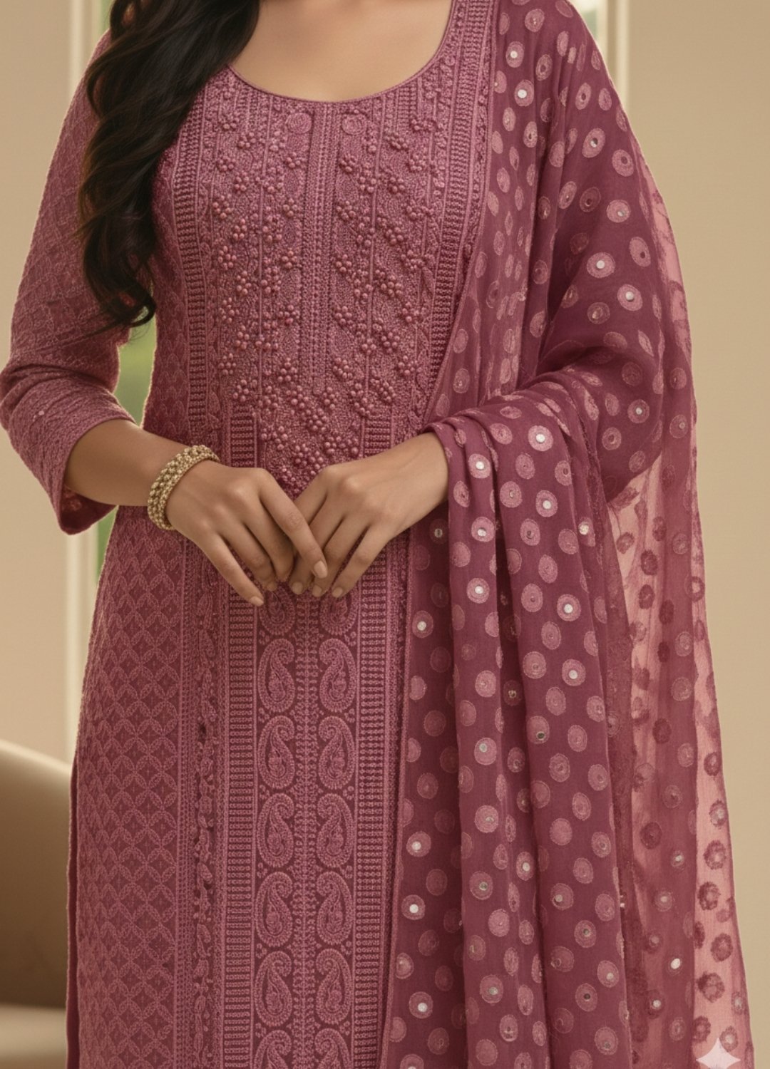 Embroidered & Sequin Work Georgette Unstitched Salwar Material Set - Image 2