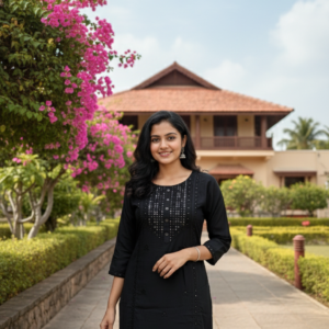Classic Black Kurta Set with Mirror Work Neckline