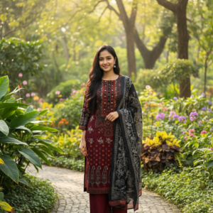 Embroidered & Printed Rayon Palazzo Suit (3-Piece)